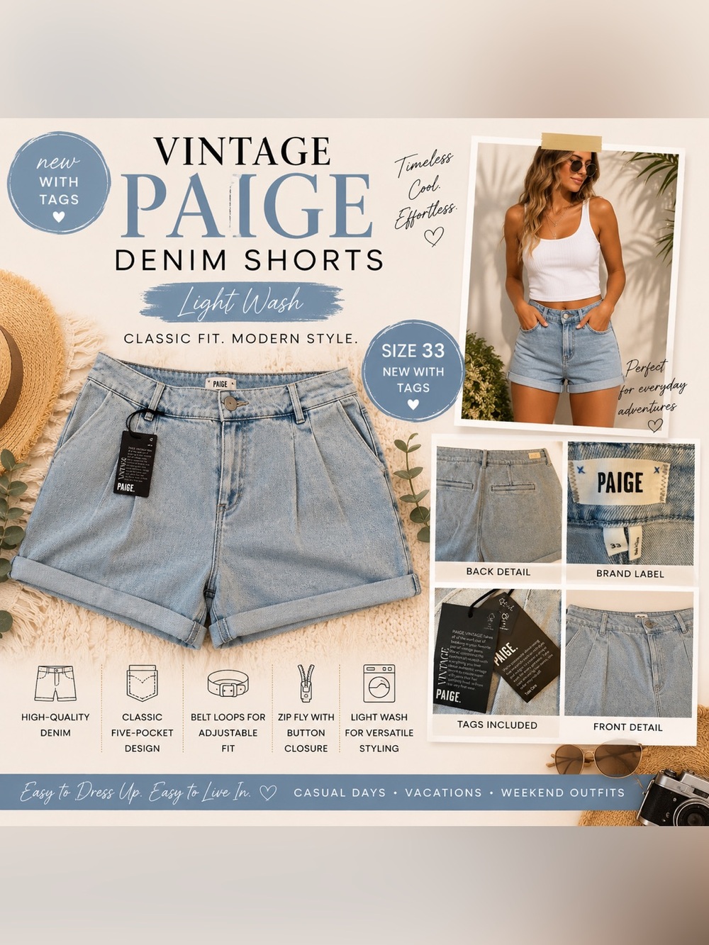 Vintage Paige Womens Denim Shorts Size 33 Light Wash